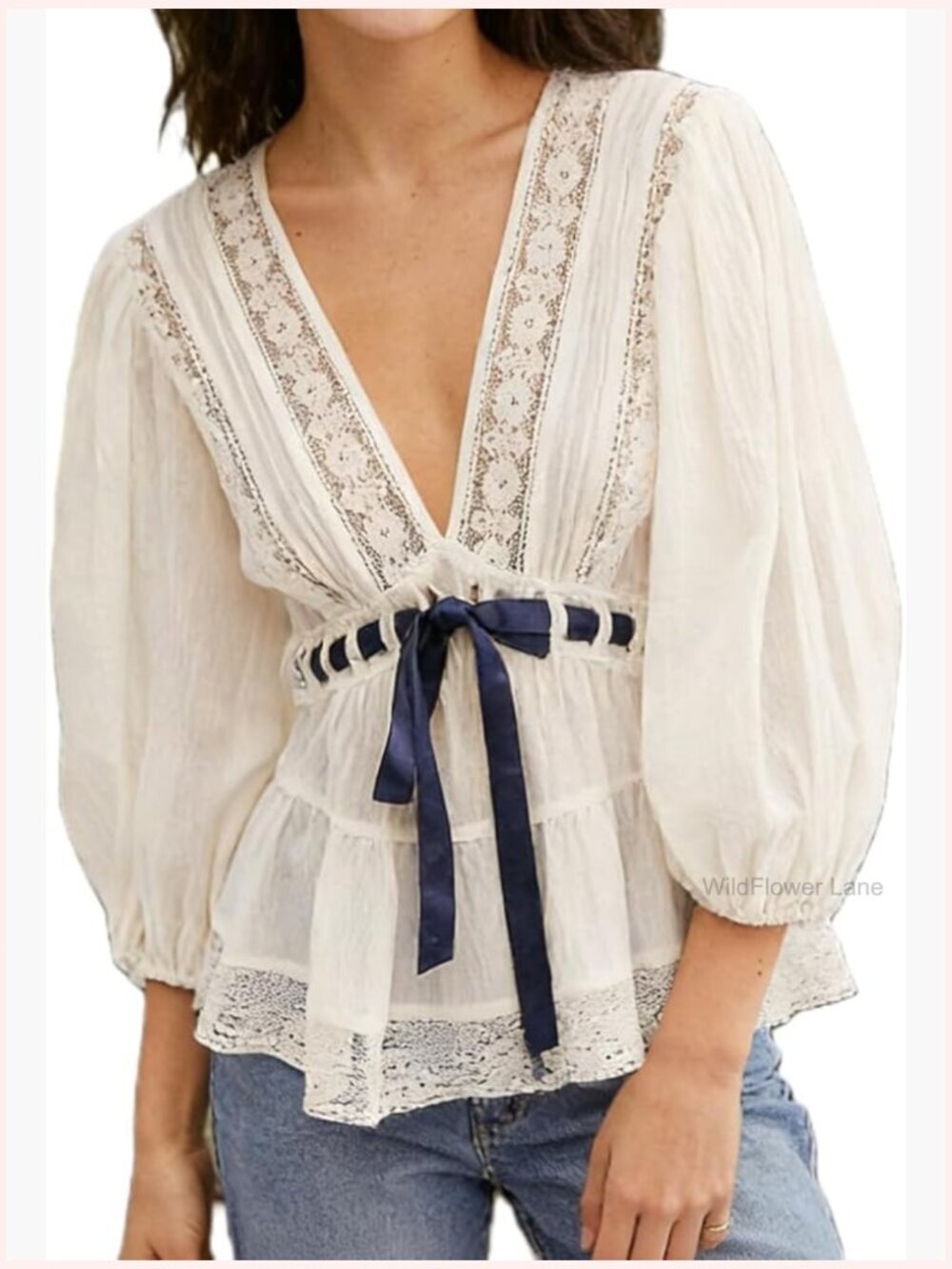 Y2K Lace Trim Boho Blouse Deep V Neck Puff Sleeve Tie Waist Ruffle Peplum